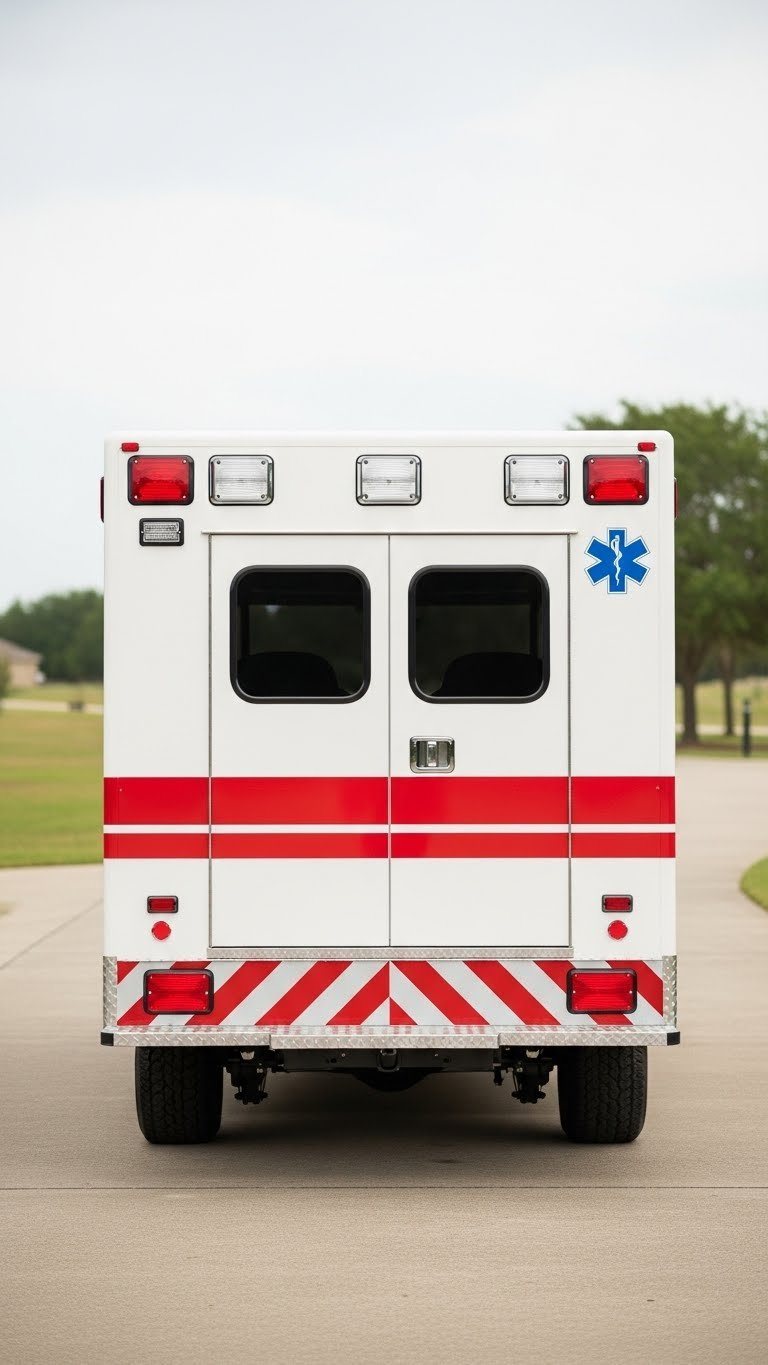 Rear View Of Ambulance Golf Cart With Custom White Panel And Red-White Reflective Stripes