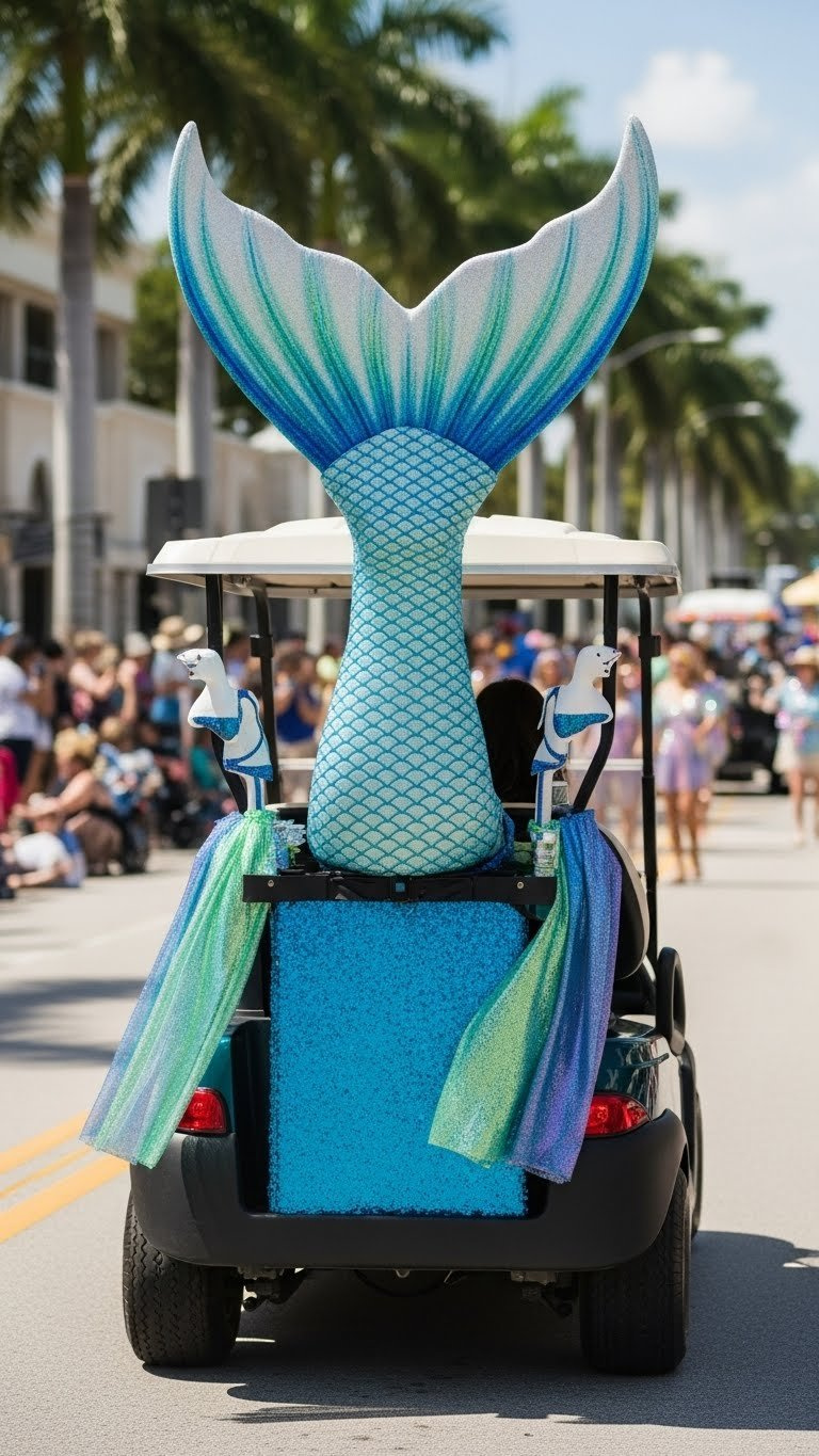 Mermaid Golf Cart Decorating: 13 Proven Diy Ideas Rear View Of Custom Mermaid Golf Cart With Flowing Foam Tail Structure Against Blurred Parade Spectators Backdrop