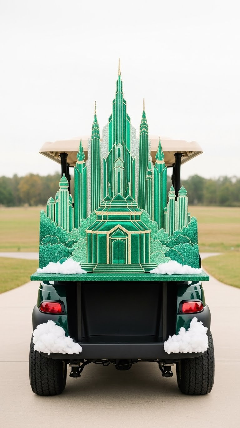 Rear View Of Golf Cart Showcasing Detailed Emerald City Backdrop With Shimmering Green Towers On Paved Driveway