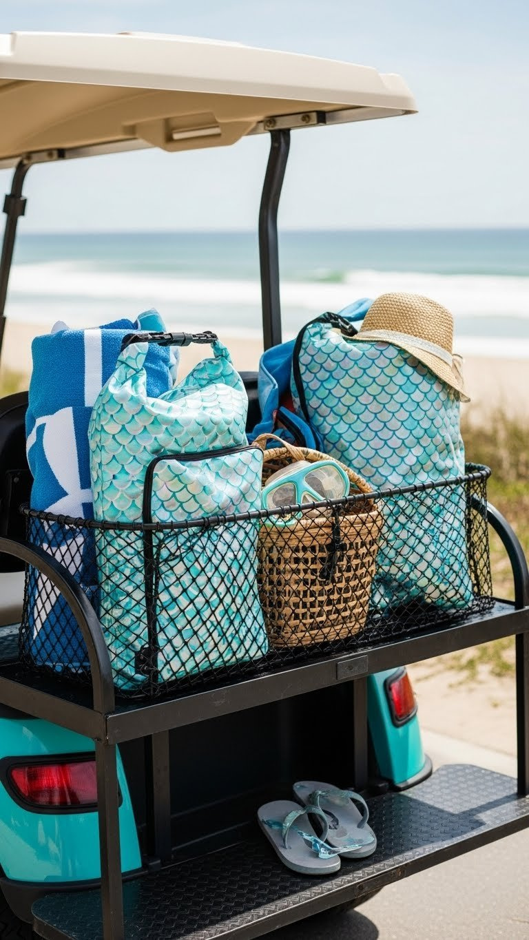 Mermaid Golf Cart Decorating: 13 Proven Diy Ideas Rear View Of Mermaid Golf Cart With Shimmering Cargo Net Containing Beach Gear Against Coastal Backdrop