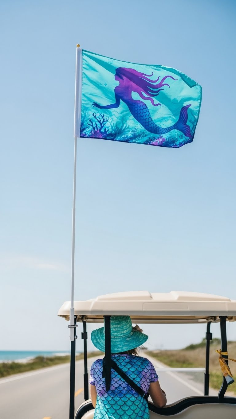 Mermaid Golf Cart Decorating: 13 Proven Diy Ideas Rear View Of Mermaid Golf Cart With Vibrant Mermaid-Themed Trail Flag Waving Against Open Sky Backdrop