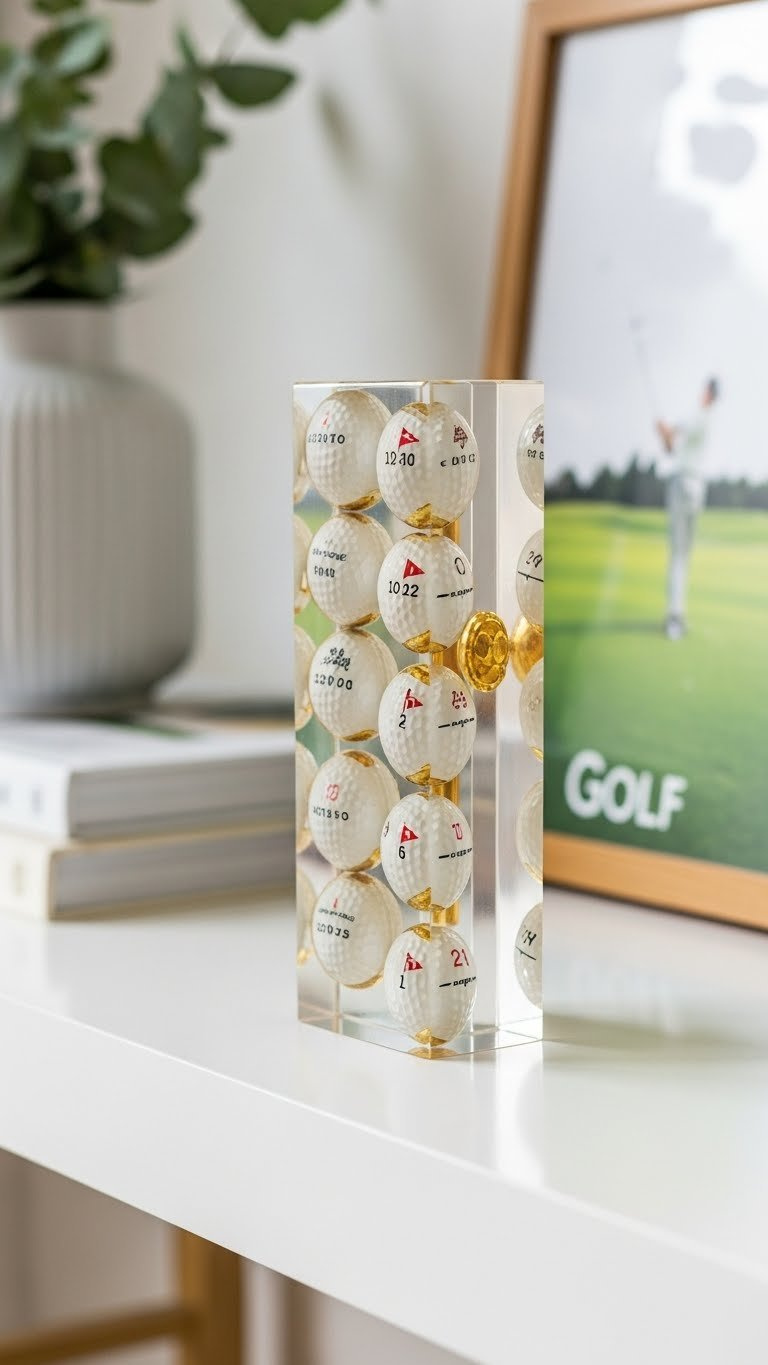 Rectangular Clear Epoxy Resin Memory Block Containing Personalized Golf Balls On Polished White Shelf