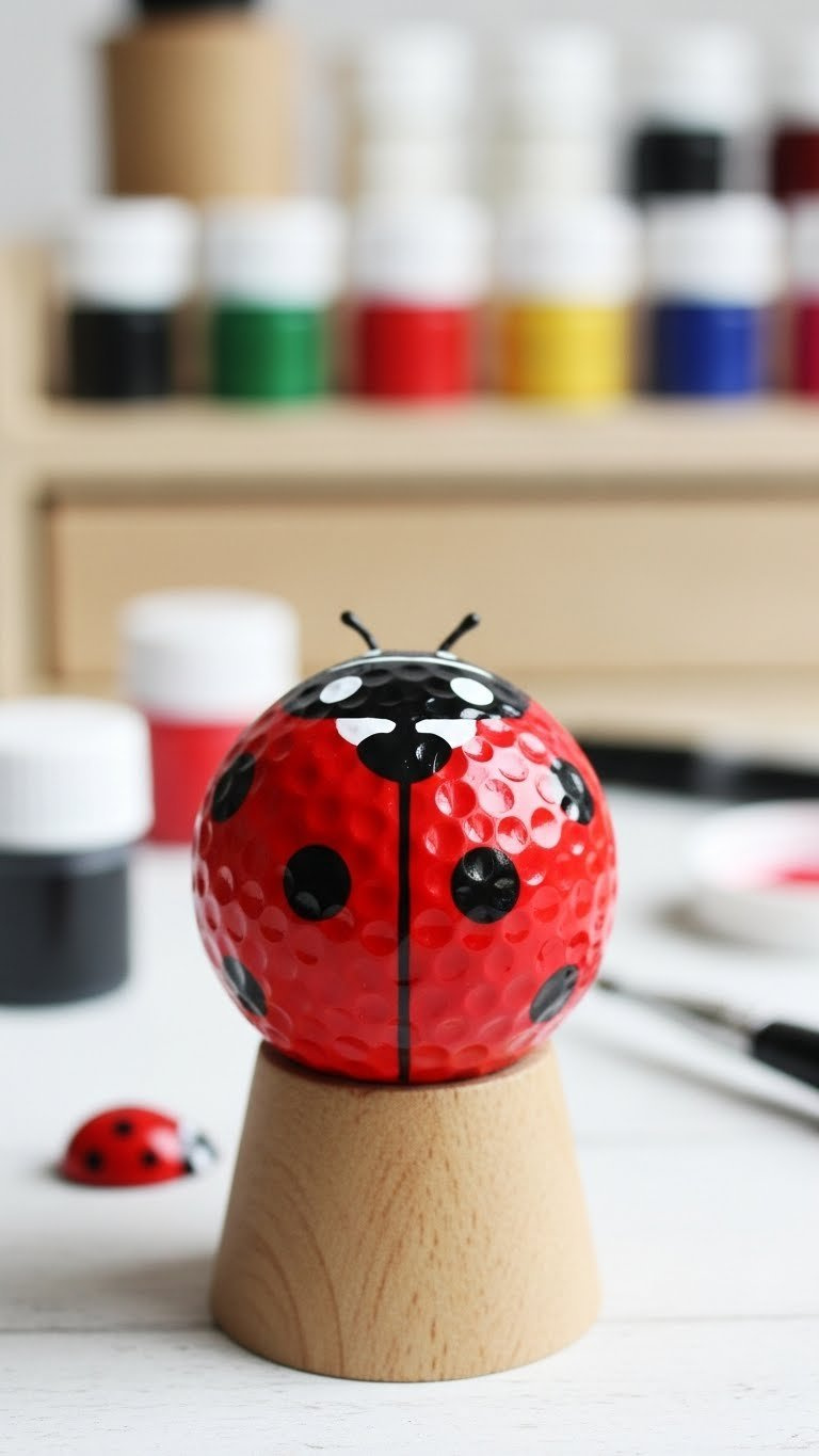 Red Golf Ball With Black Ladybug Spots And Head On Craft Stand With Paint Tools In Background
