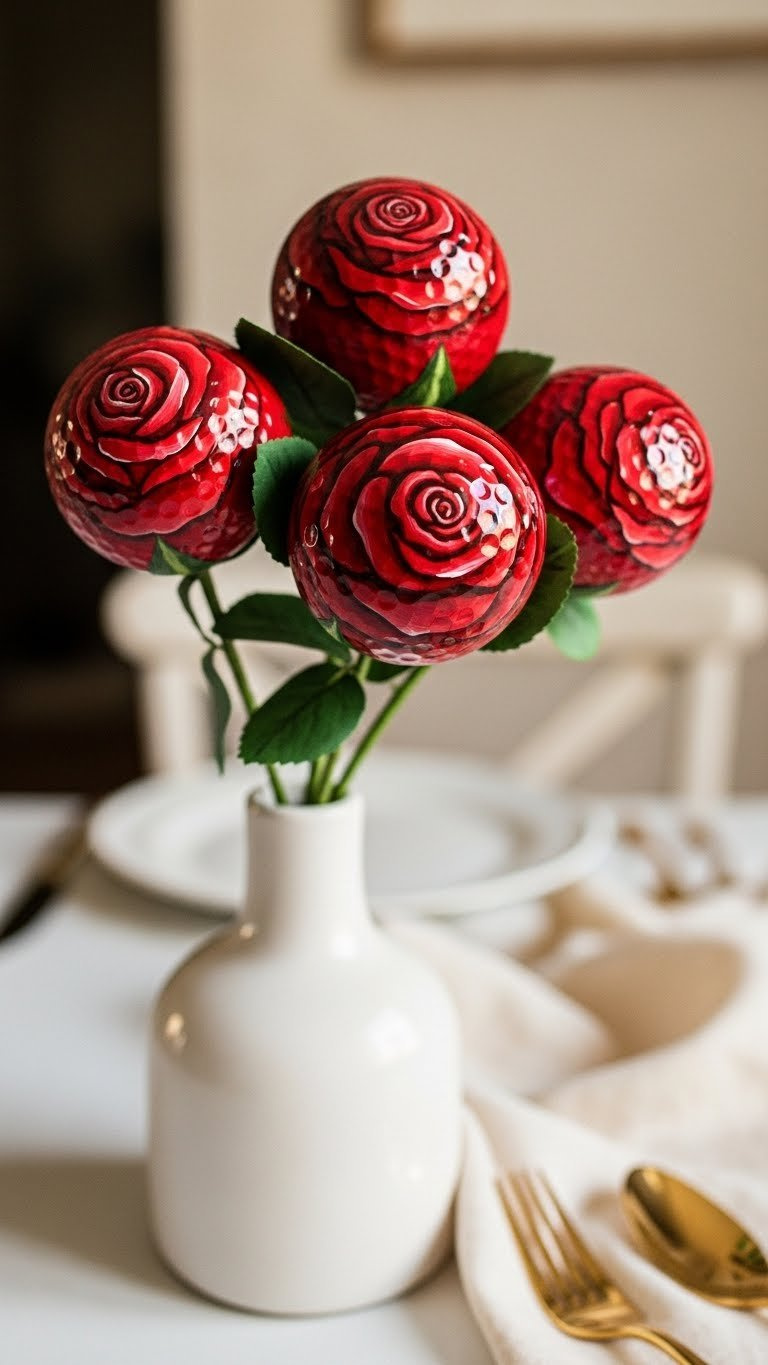 Painted Golf Ball Bouquet: 7 Unique Diy Gift Ideas Red Rose Golf Ball Bouquet With Green Leaves In A White Ceramic Vase, Golden Light. Elegant Lifestyle Decor On A Linen Tablecloth.