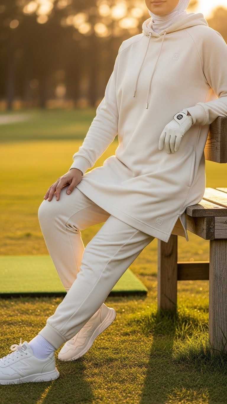 Relaxed Hijabi Golfer In Oversized Golf Hoodie And Performance Joggers, Sitting On Bench. Modest Activewear, Golden Hour.