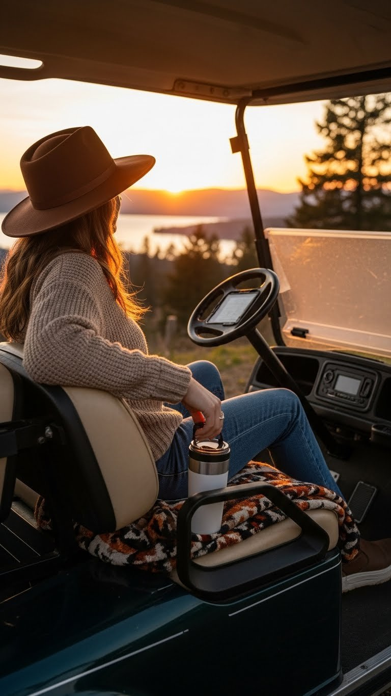 Relaxed Passenger In Vintage Golf Cart Enjoying Scenic Sunset View With Custom Seats And Warm Lighting