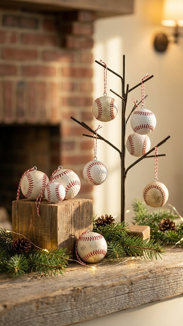 Golf Ball Crafts Baseball: Easy Diy Ideas For Art &Amp; Gifts Repurposed Golf Balls Transformed Into Baseball-Themed Ornaments With Ribbons, Elegantly Displayed On A Weathered Wooden Mantelpiece.