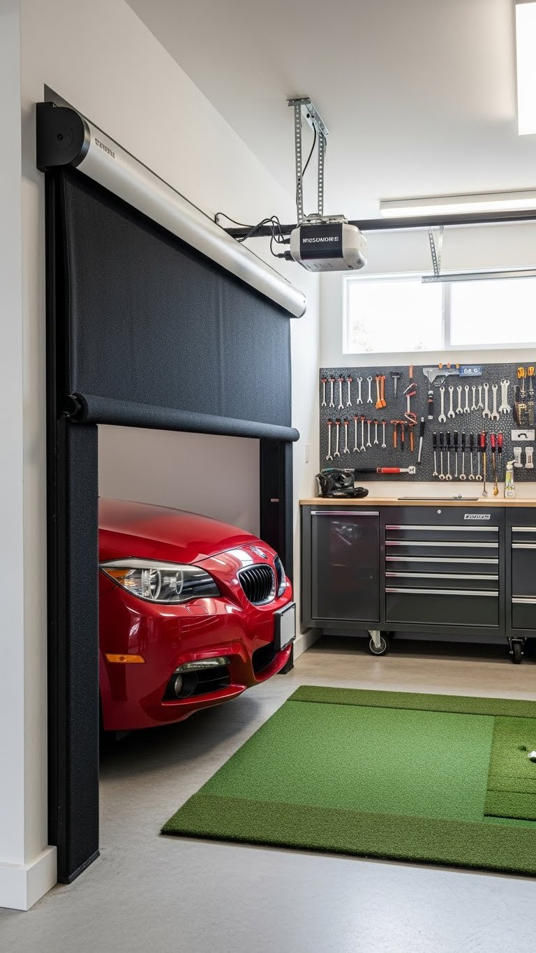Retractable Golf Simulator Screen Rolled Up In Garage With Car Parked Underneath And Stored Mat