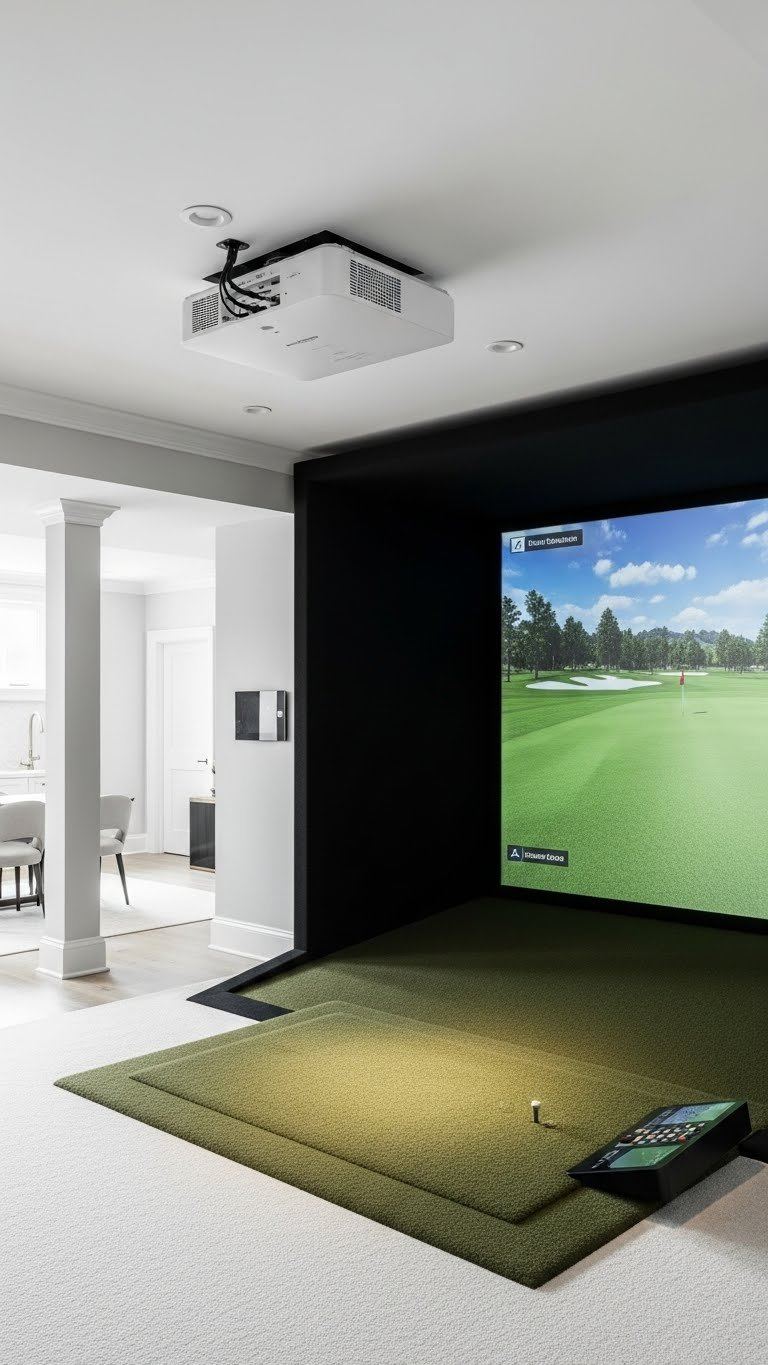Retractable Impact Screen Fully Deployed Displaying Vibrant Golf Course In Multi-Purpose Basement Golf Simulator Lounge