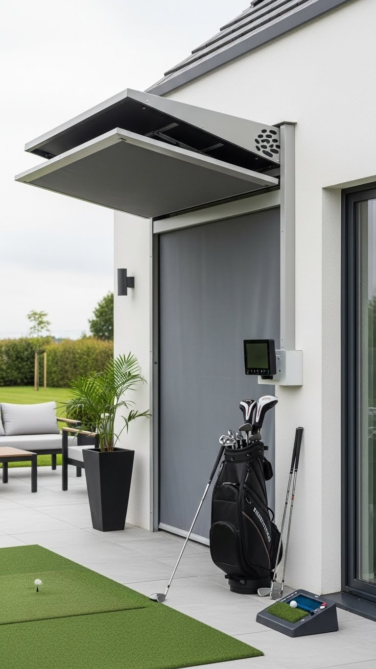 9 Essential Outdoor Golf Simulator Room Designs Retractable Outdoor Golf Simulator Setup Features A Sleek Motorized Screen, Golf Clubs, And A Launch Monitor.