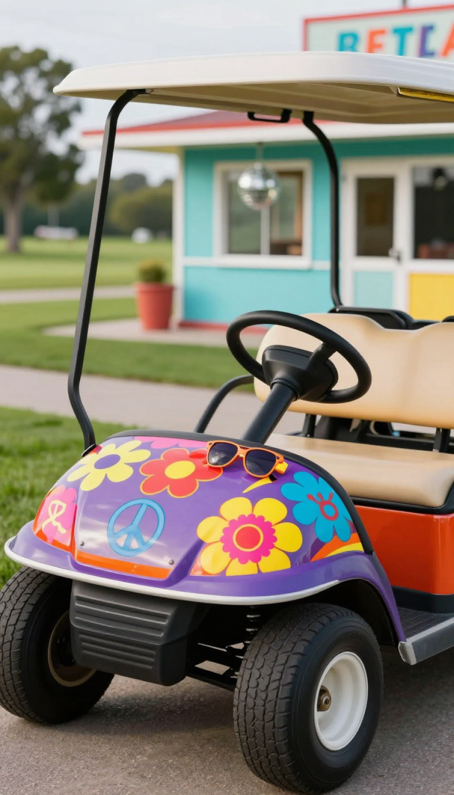 Retro Throwback Golf Cart Featuring Psychedelic Patterns, Peace Signs, And Bright Neon Accents