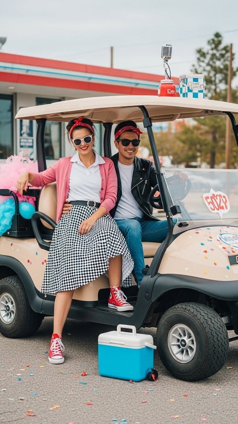 Retro Wheel Upgrade Golf Cart Featuring White Wall Tires And Chrome Hubcaps With Classic 1950S Vehicle Aesthetic