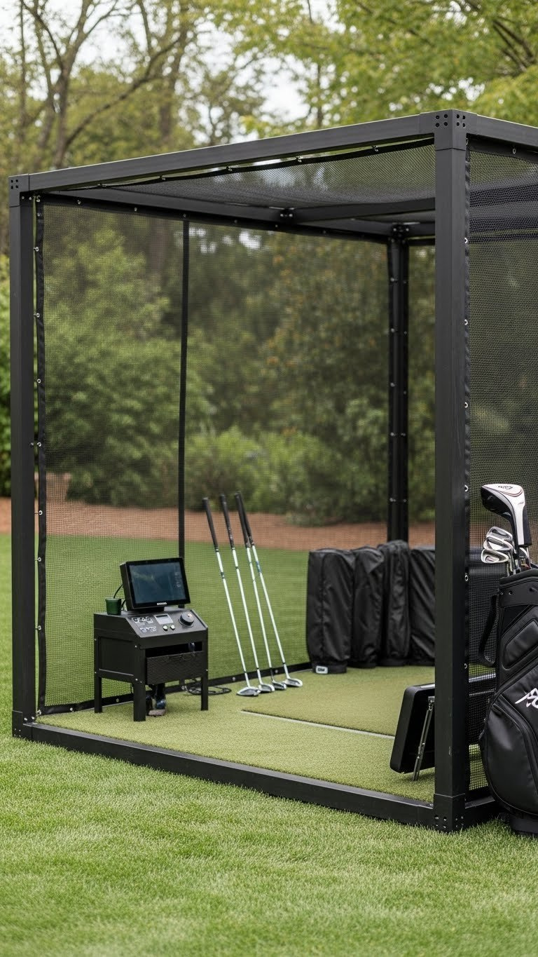9 Essential Outdoor Golf Simulator Room Designs Robust Outdoor Golf Simulator Enclosure With Strong Framing, Impact Screen, Protective Netting, And A Portable Launch Monitor.