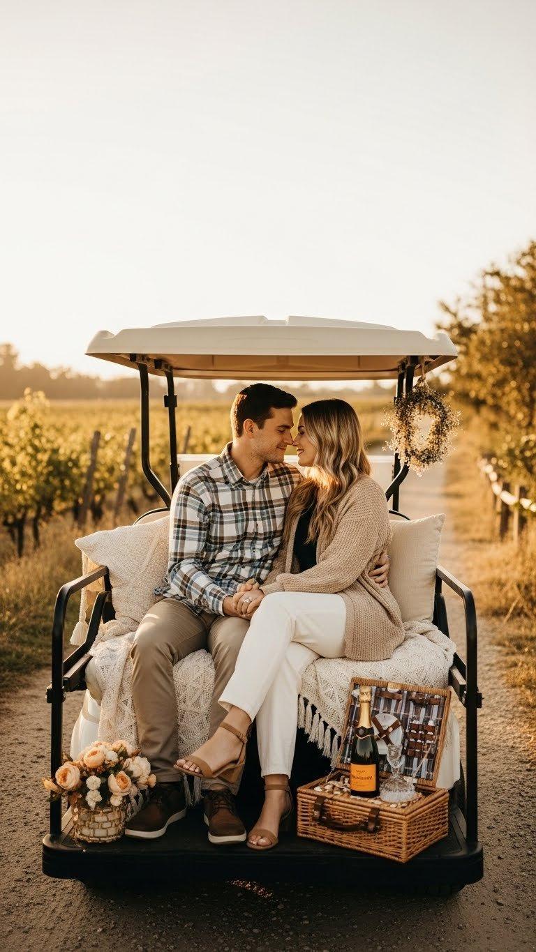 Romantic Couple Sharing Intimate Moment In Luxury Golf Cart With Golden Hour Lighting