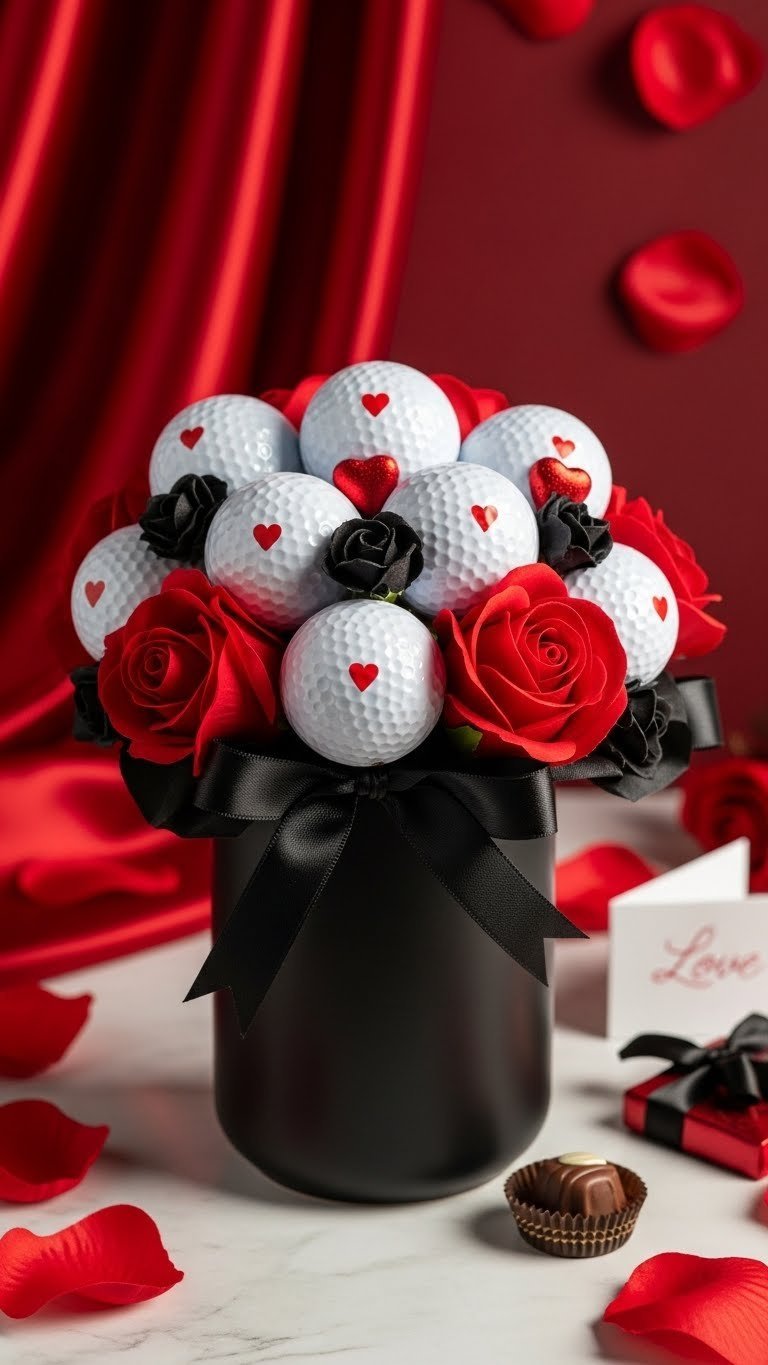 Romantic Golf Ball Bouquet With White Balls, Red Heart Decals, Deep Red Roses, And Black Ribbon In A Matte Black Vase.