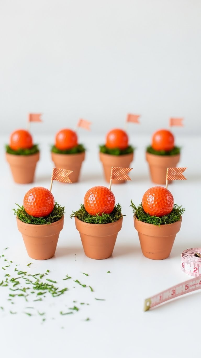 Row Of Tiny Terracotta Pots With Orange Golf Balls, Green Moss, And Decorative Flags On A White Table, Golf Favors.