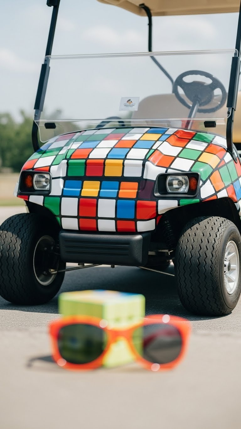 Rubik'S Cube Patterned Golf Cart With Colorful Squares In Red, Blue, Green, And Yellow Arranged In Grid Pattern