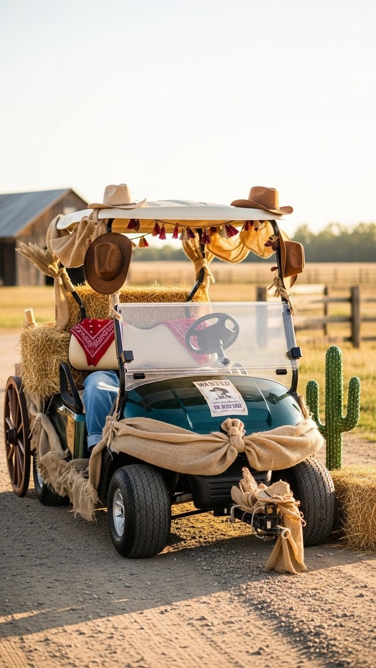 Rugged Western Wild West Golf Cart Float With Burlap Drapes, Cowboy Props, And Rustic Desert Setting