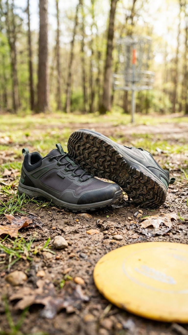 Rugged Black Disc Golf Shoes With Aggressive Multi-Directional Tread On A Muddy Course, Perfect For Ultimate Grip And Performance.