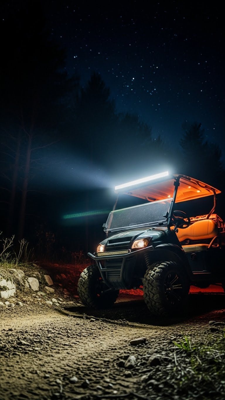 Rugged Golf Cart Equipped With Powerful Led Light Bar Casting Wide Beam Across Dark Off-Road Terrain At Night