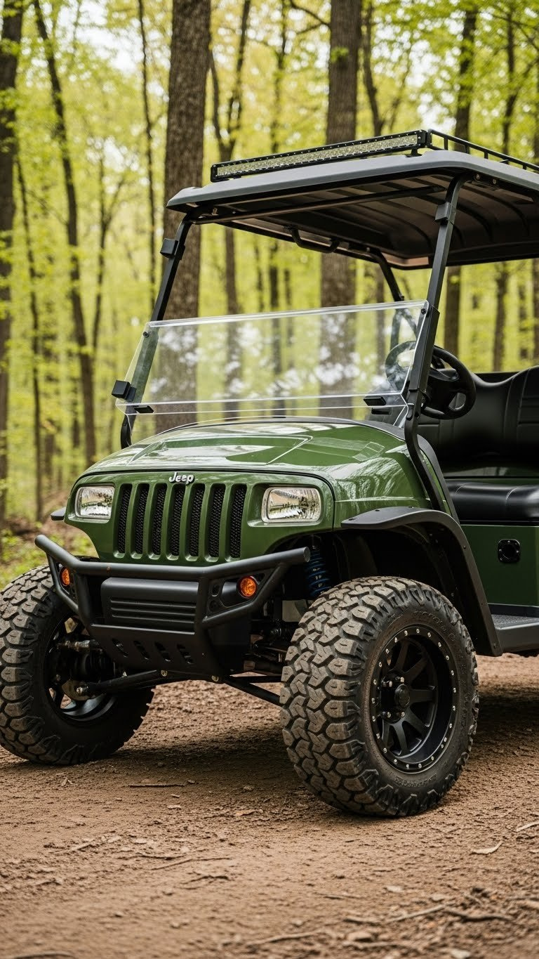 Rugged Golf Cart With Off-Road Jeep Style Body Kit On Ezgo Txt Featuring Military-Green Matte Finish On Dirt Trail