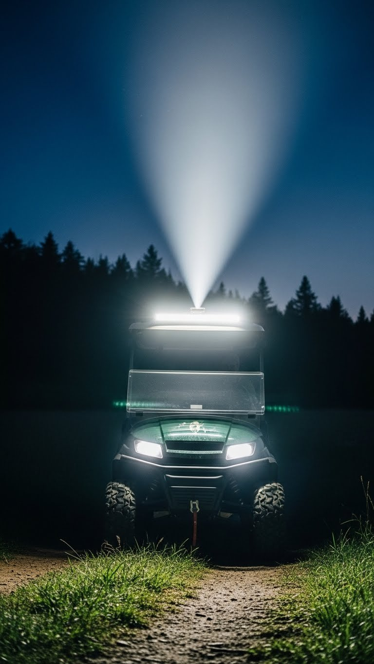 Rugged Golf Cart With Powerful Led Light Bar Illuminating Forest Trail At Night