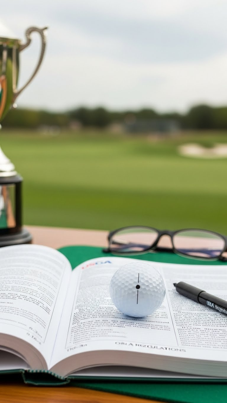 Rule-Compliant Golf Ball Marking Next To Open Usga Rulebook Demonstrating Tournament Legal Golf Ball Designs