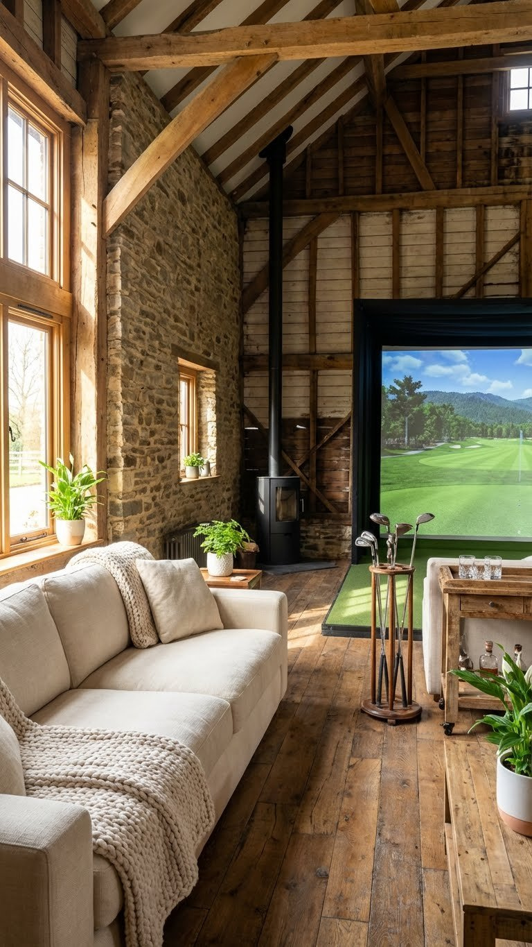 Rustic Barn Golf Simulator Room With Exposed Beams, Stone Walls, Plush Sofa, And A Scenic Virtual Course Displayed.