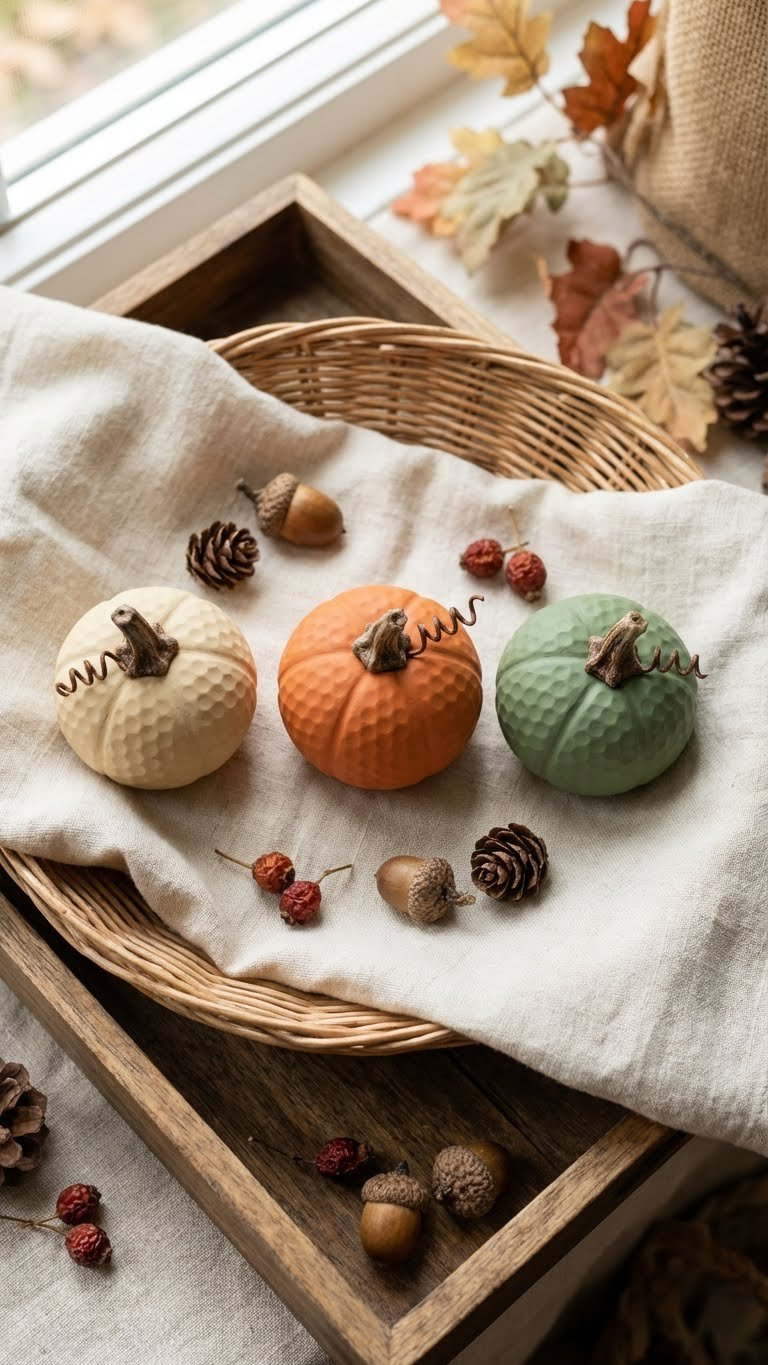 Rustic-Chic Plastic Golf Ball Pumpkins In Orange, Cream, Green With Stems, Nestled In A Basket With Autumn Leaves And Acorns.