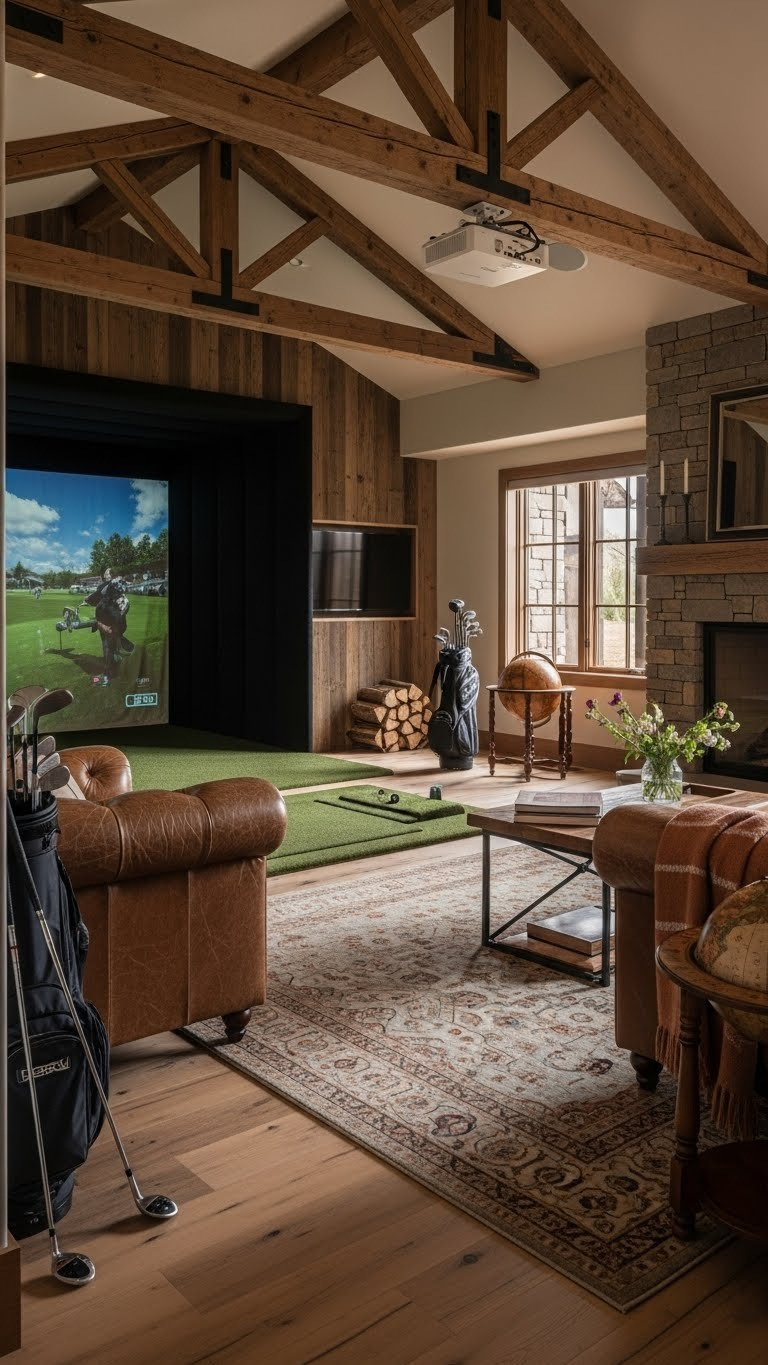 Rustic Elegance Golf Retreat With Luxury Simulator, Exposed Wooden Beams, Natural Stone Accents, And Leather Seating
