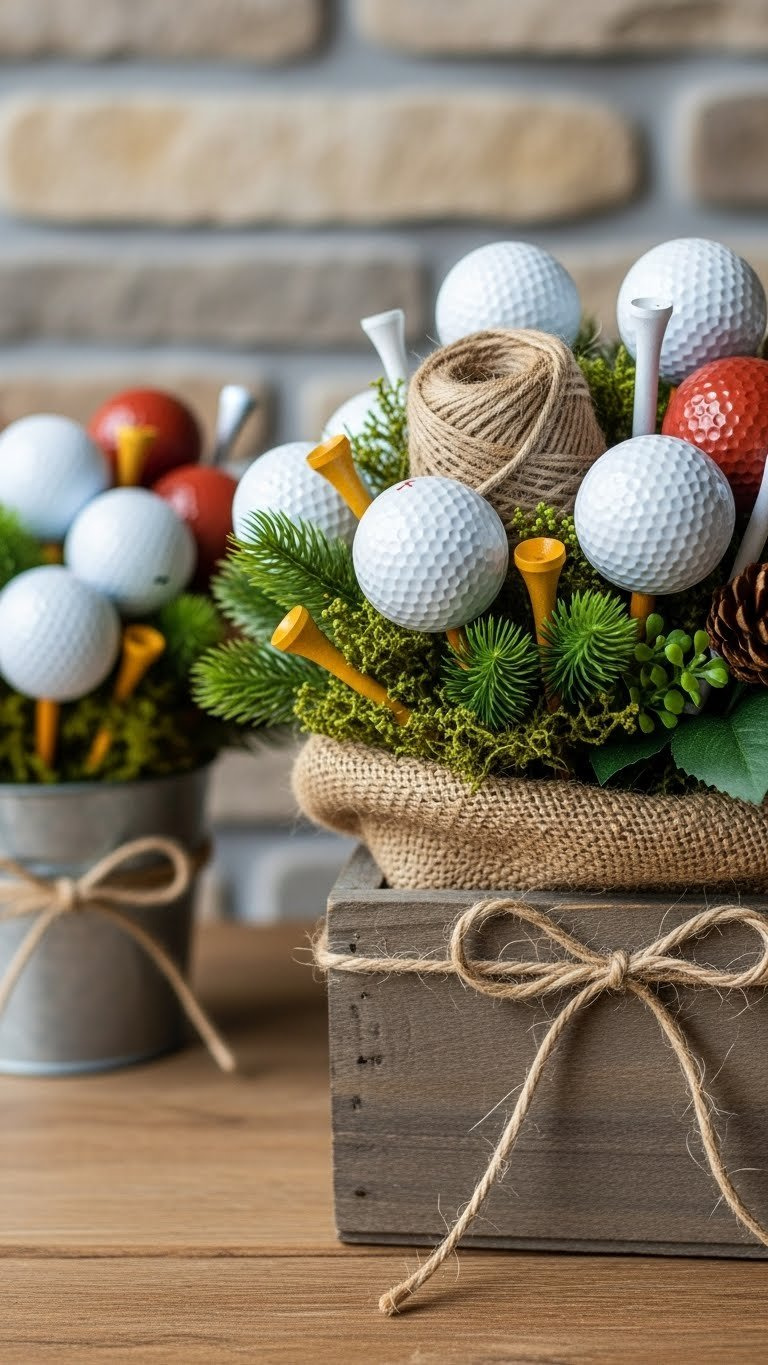 Rustic Golf Ball And Tee Bouquet In A Reclaimed Wood Planter, Featuring Burlap, Twine, And Subtle Greenery On A Cozy Wooden Table.