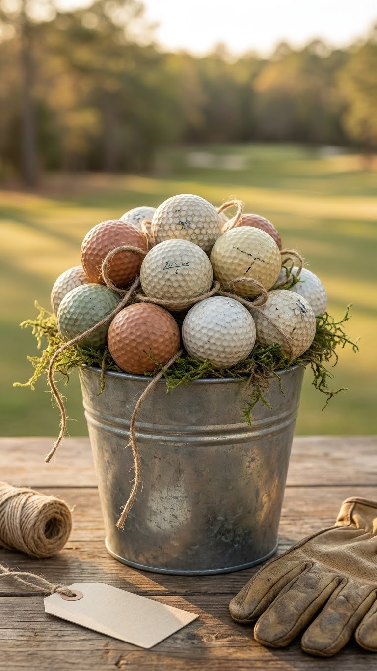 Rustic Golf Ball Bouquet With Vintage And Recycled Balls, Twine, Faux Moss In Wooden Bucket On Weathered Wood. Golf Theme.