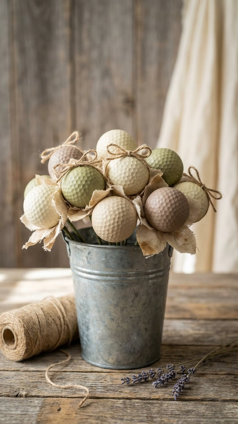 Rustic Golf Ball Flower Bouquet In Earthy Creams, Greens, And Browns, Casually Arranged In A Galvanized Bucket On A Distressed Wooden Table.