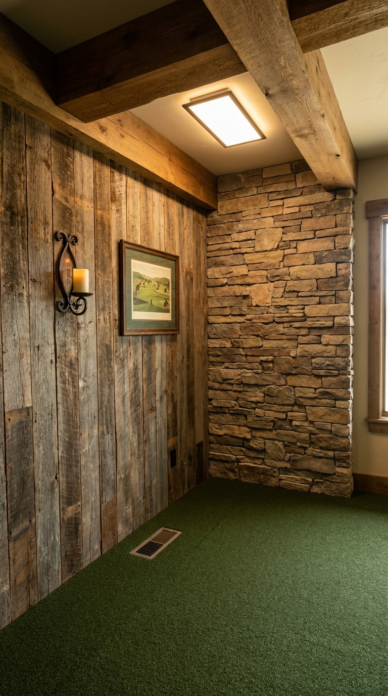 Rustic Golf Simulator Room: Expert Planning &Amp; Design Rustic Golf Simulator Room Interior Featuring Reclaimed Barn Wood Wall, Natural Stone Accent, And Exposed Wooden Beams Overhead