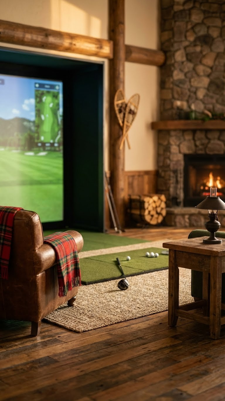Rustic Lodge Golf Simulator Room With Natural Wood Beams, Stone Fireplace, And Cozy Textiles For A Warm, Inviting Mountain Cabin Golfing Experience.