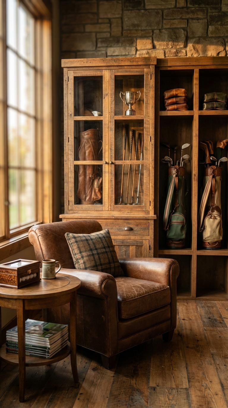 Rustic Golf Simulator Room: Expert Planning &Amp; Design Rustic Storage Solution With Reclaimed Wood Cabinet And Custom-Built Cubby System For Golf Bags And Clubs