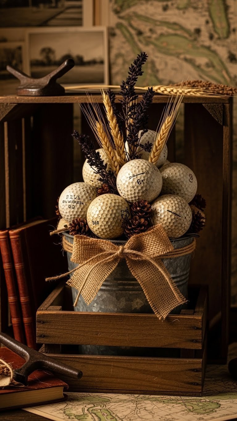 Rustic Vintage Golf Ball Bouquet With Aged Balls In A Distressed Wood Box, Burlap, And Dried Wheat On Old Maps.