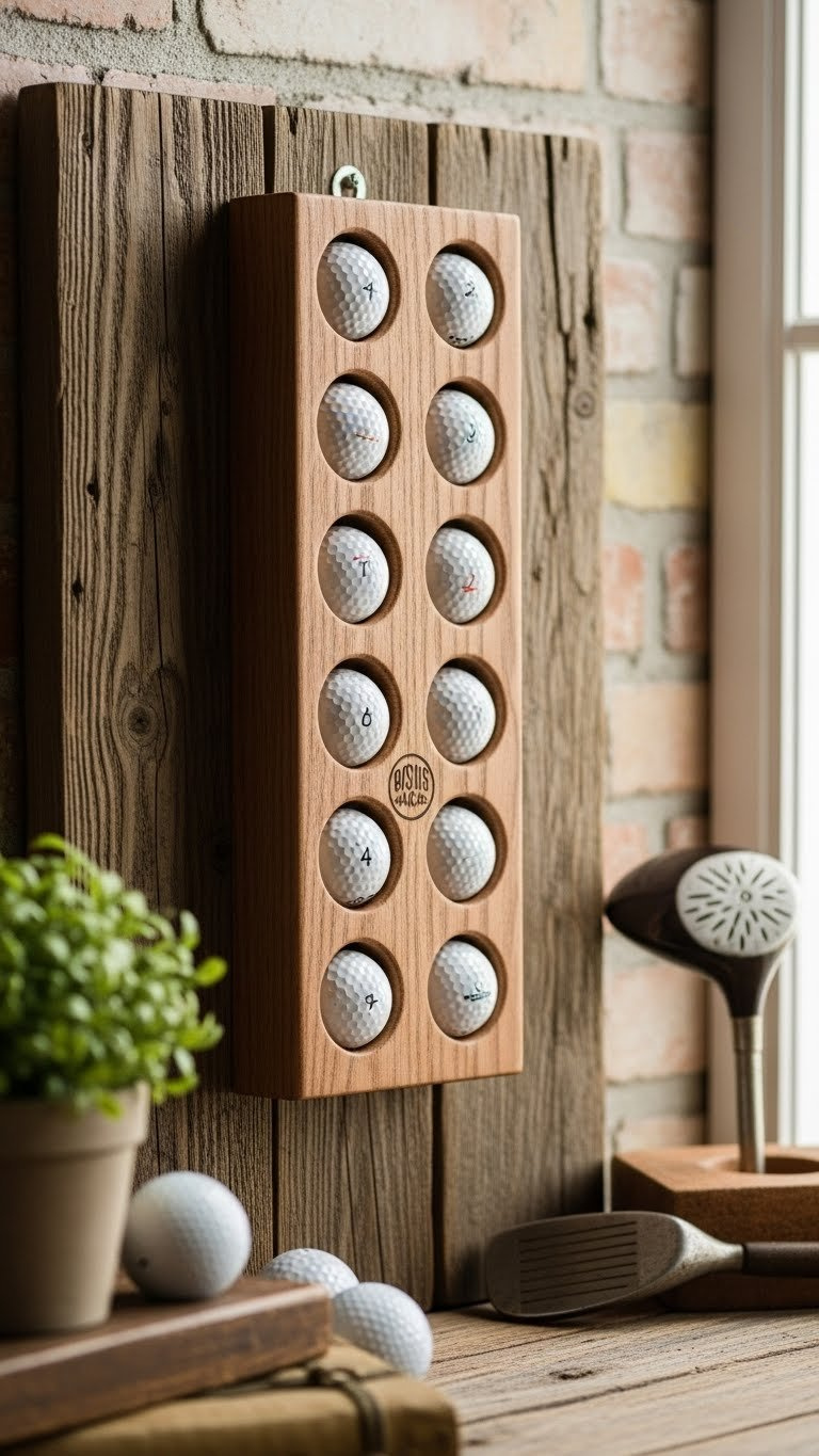Rustic Wall-Mounted Walnut Golf Ball Display Rack With Neatly Arranged Balls Against Textured Brick Backdrop In Warm Natural Lighting.