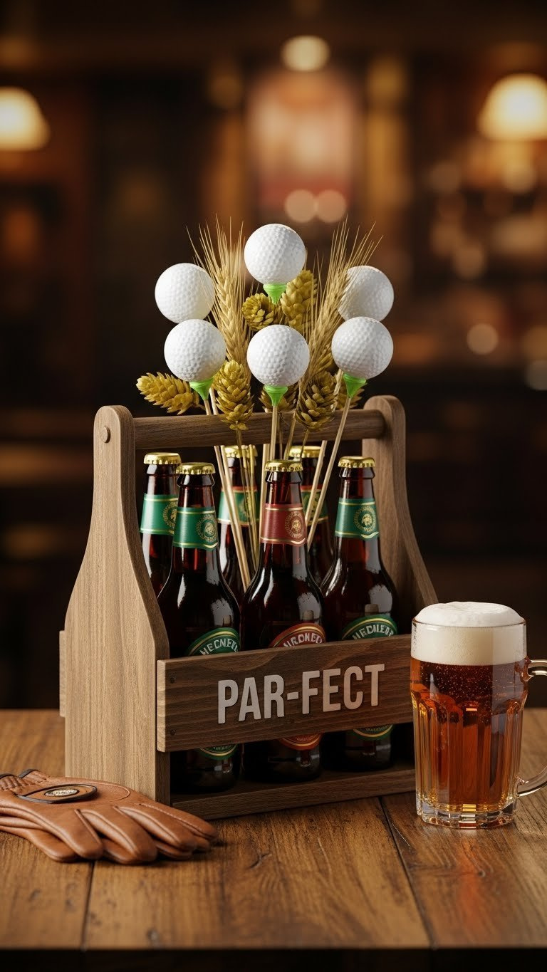 Golf Ball Flower Bouquet: 5 Easy Diy Gift Ideas For Him Rustic Wooden Beer Caddy With Craft Beer Bottles, Golf Balls, Hops, And A Golf Glove On A Wooden Table.