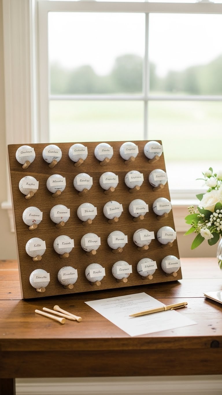 Golf Ball Seating Chart Wedding: 9 Genius Diy Ideas For Couples Rustic Wooden Wedding Seating Chart With Personalized Golf Balls Arranged On Pegs Against Soft Natural Lighting And Floral Accents