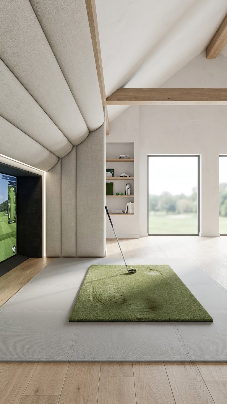 Golf Simulator Loft Room: Ultimate Sloped Ceiling Solutions Safe, Defined Golf Swing Zone With Protective Padding And Premium Hitting Mat In A Golf Simulator Loft Room With Sloped Ceiling.