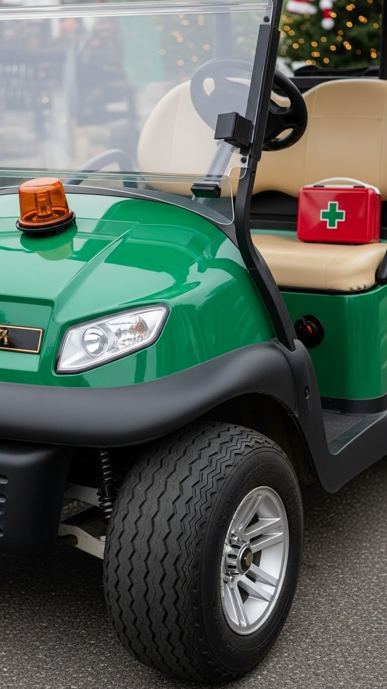 Safety Features Including Glowing Emergency Beacon Light And Reflective Tape Discreetly Integrated Into Grinch-Themed Golf Cart Decor.