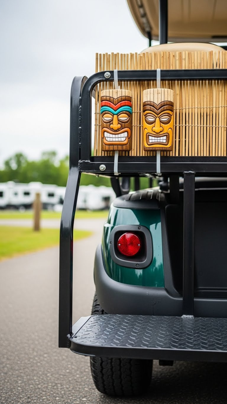 Safety-Focused Tiki Golf Cart Showing Reinforced Mounts And Visible Brake Lights With Neutral Background