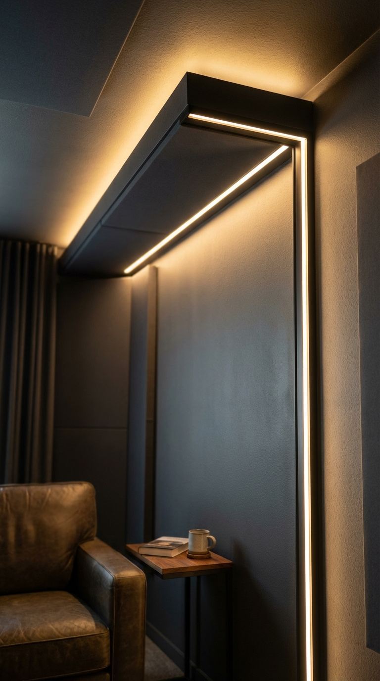 Golf Simulator Room Lighting Complete Guide For Perfect Setup Seamless Cob Led Strip Lighting Creating Ambient Glow In Cozy Golf Simulator Media Room