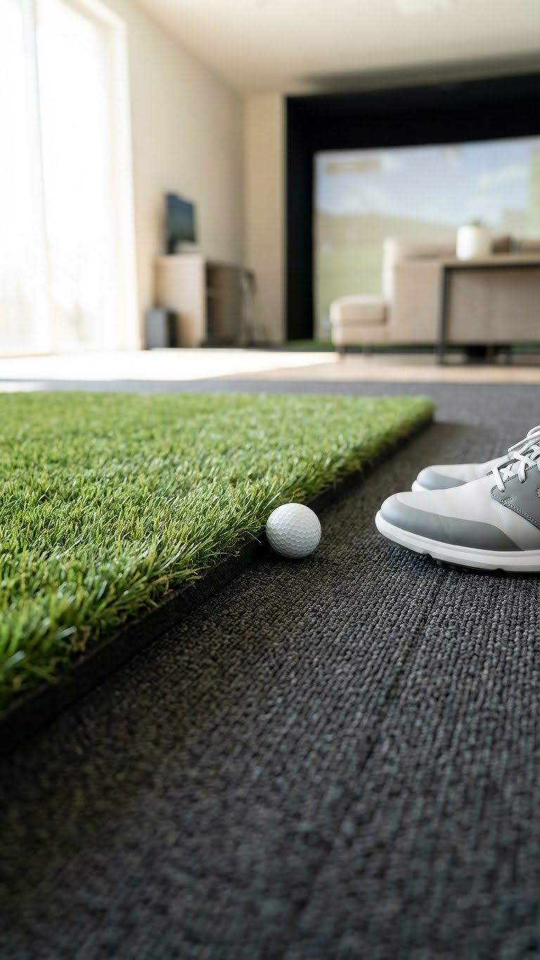 Seamless Golf Simulator Room Floor With Artificial Turf Hitting Mat, Dark Carpet, A Golf Ball, And Golf Shoe, Ideal For Home Golf.