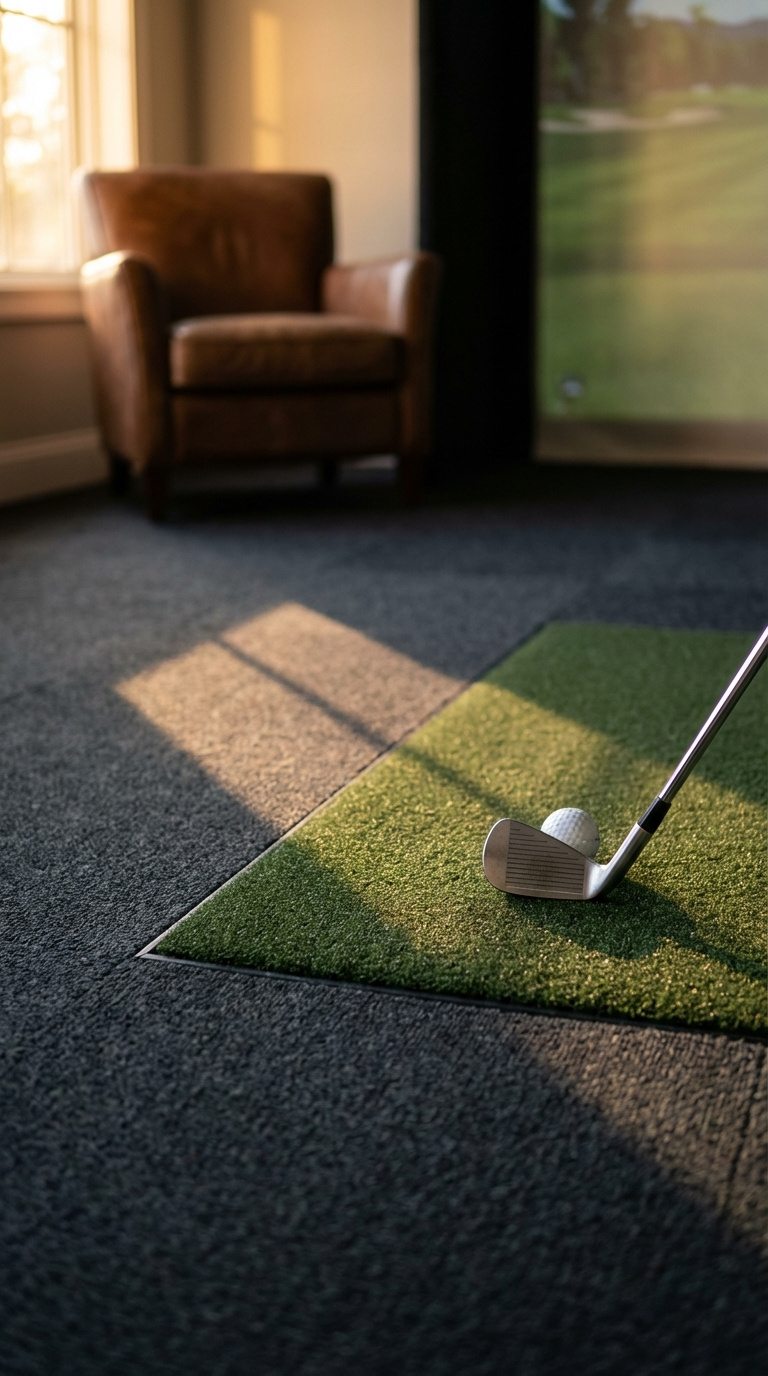 Golf Simulator Room Carpets Complete Buying Guide For Homes Seamless Integration Of Premium Golf Hitting Mat With Charcoal Gray Simulator Carpet Tiles In Finished Room