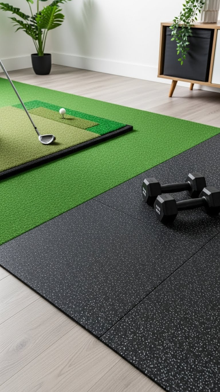 Seamless Transition Between Golf Mat Turf And Shock-Absorbing Rubber Gym Flooring In Combined Sports Room With Durable, Easy-Clean Surface.