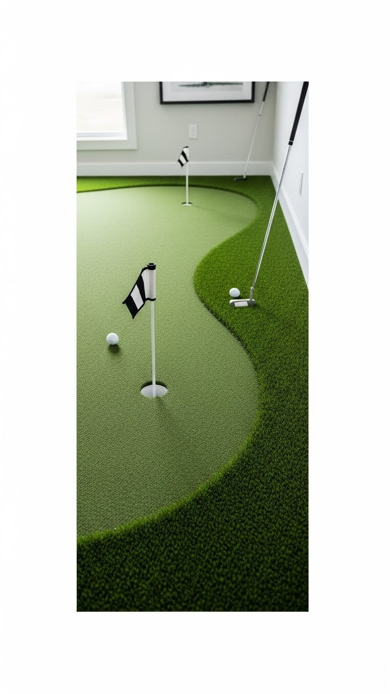 Golf Decor Ideas: 11 Ultimate Home Simulator Room Designs Seamlessly Integrated Artificial Turf Putting Green With A Subtle Slope And Clear Lines, Complemented By A Modern Putter.