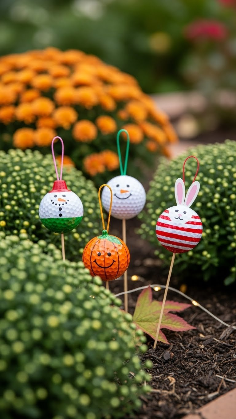 Seasonal Golf Ball Ornaments Including Pumpkin And Snowman Designs Arranged Playfully In Festive Garden Display.