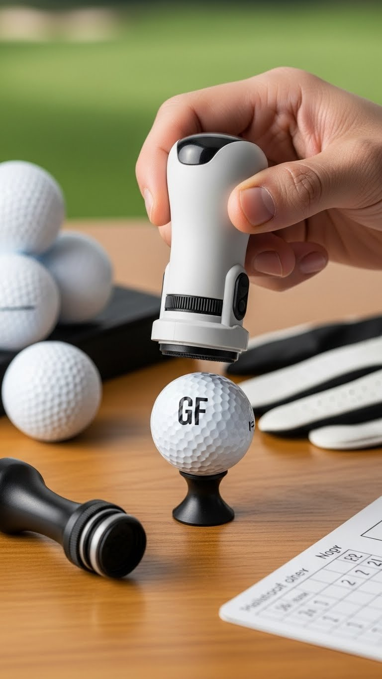 Self-Inking Golf Stamp In Use Creating Crisp Custom Logo On White Golf Ball With Ergonomic Stamper